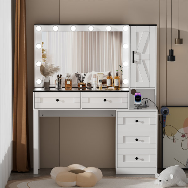 Latitude Run® Farmhouse Makeup Vanity Desk With Mirror And Lights Wayfair